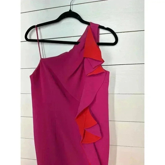 Ricki Freeman Terri Jon 12 (XL) Pink‎ & Red One Shoulder Ruffle Above Knee Dress - Picture 2 of 8